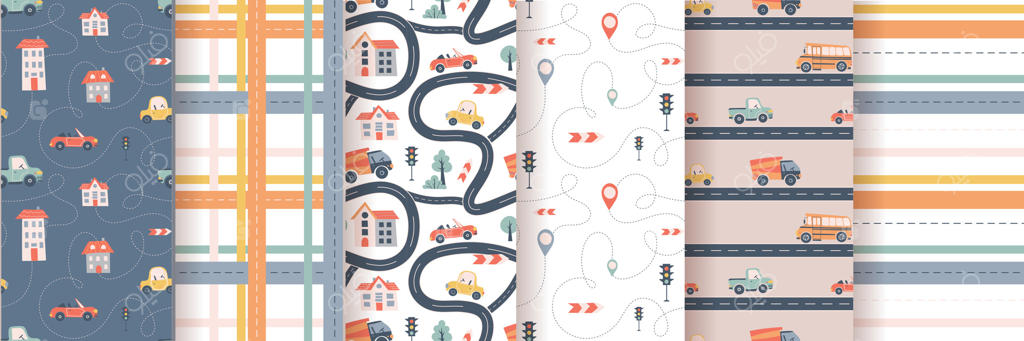 پترن یکپارچه کودکان با ماشین، اتوبوس و جاده. ایده‌آل برای پارچه و کارت‌ها
