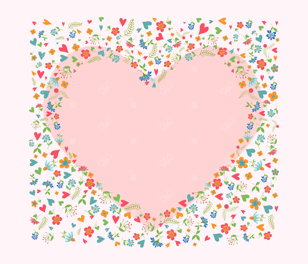 قاب، گل‌ها و قلب. برای کارت‌پستال و عروسی. گل‌ها، برگ‌ها و قلب‌ها. تصویرسازی.