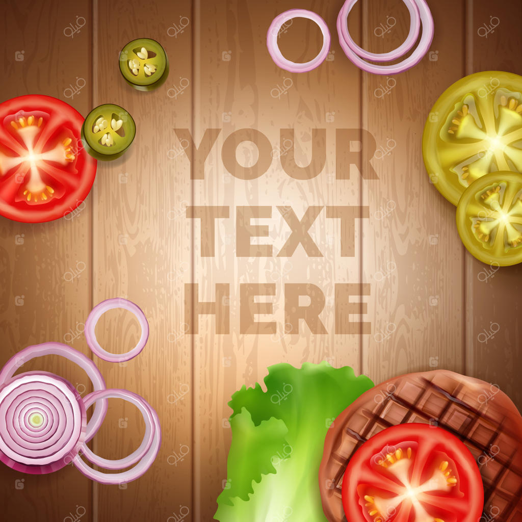 مواد لازم برای برگر با گوجه‌فرنگی، پیاز، کاهو، گوشت و هالاپینو - جای متن شما خالی است. نمای بالا، پس‌زمینه میز چوبی