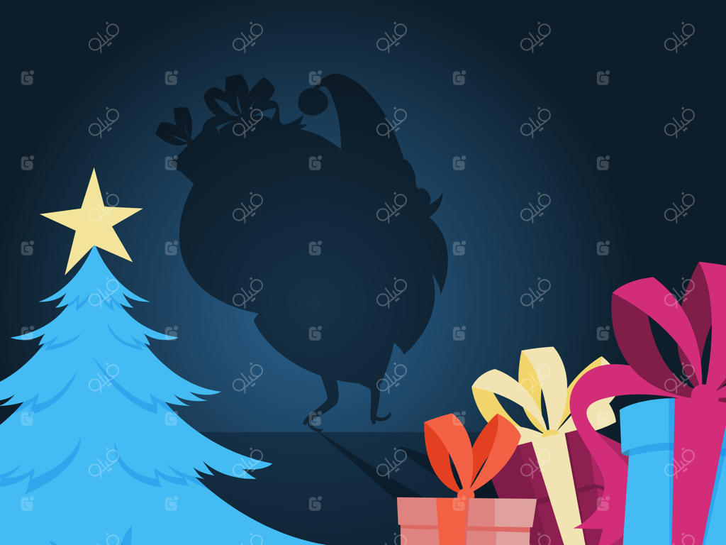 سایه بابانوئل در خانه: بابانوئل در حال خزیدن با کیسه پر از هدایا به سمت درخت کریسمس. تصویر سازی