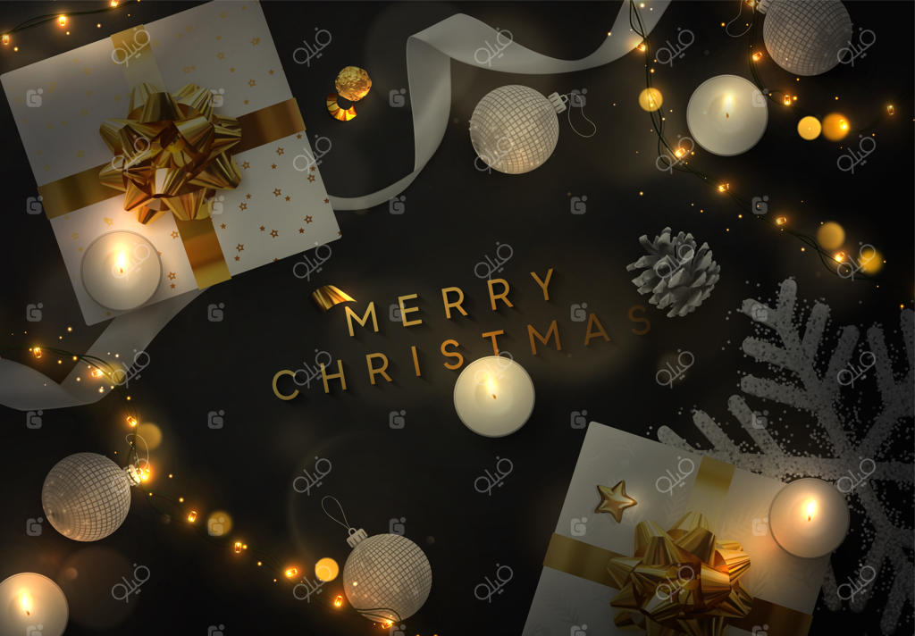 پس‌زمینه وکتور کریسمس: طراحی خلاقانه کارت تبریک، بنر و پوستر وب. نمای بالا از جعبه کادو، تزیینات کریسمس، چراغ‌های رشته‌ای، توپ‌ها و دانه‌های برف.