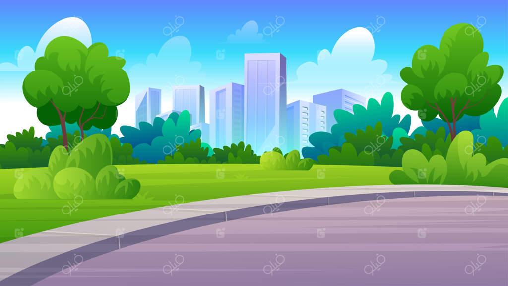 تصویر کارتونی از منظره شهری با باغ، چمن سبز، درختان و آسمان‌خراش‌ها