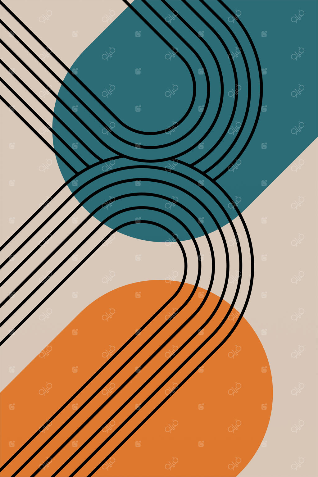 پوستر انتزاعی مدرن میان‌سده، چاپ هنری با اشکال هندسی رنگارنگ، هنر دیواری معاصر