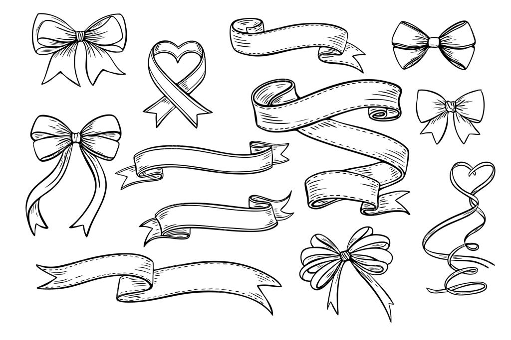 وکتور مجموعه پاپیون و روبان‌های بنری با طرح اسکچ و حکاکی