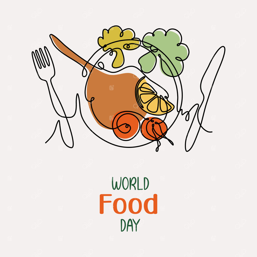 بنر ۱۶ اکتبر روز جهانی غذا با طرح خطی غذای لذیذ گوشت و سبزیجات