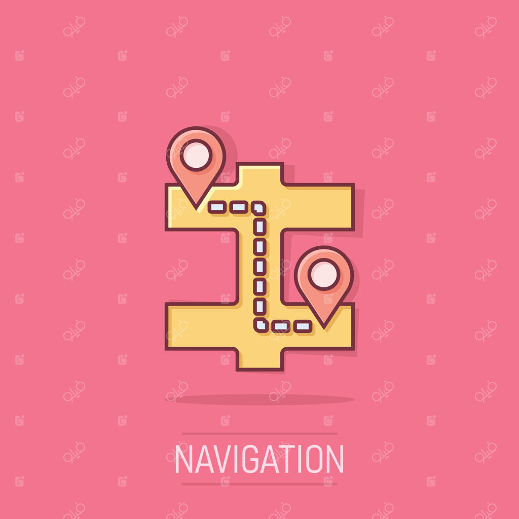 آیکون پین نقشه به سبک کمیک: تصویرسازی کارتونی از ناوبری GPS برای پس‌زمینه‌ای مجزا. مفهومی از پیدا کردن موقعیت در کسب و کار.