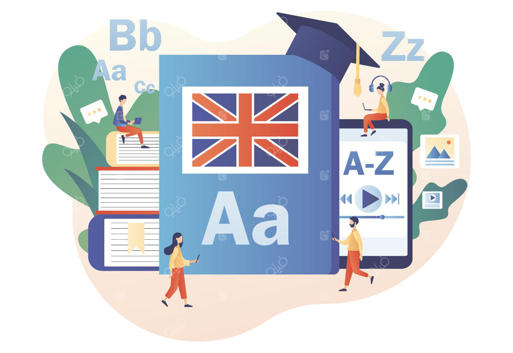 یادگیری زبان انگلیسی با گوشی، لپ‌تاپ و کتاب توسط آدمک‌های کوچک؛ دوره‌های زبان یا مدرسه آنلاین