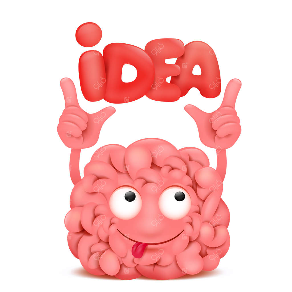 تصویر کارتونی مغز با شخصیت کاوایی و متن عنوان ایده