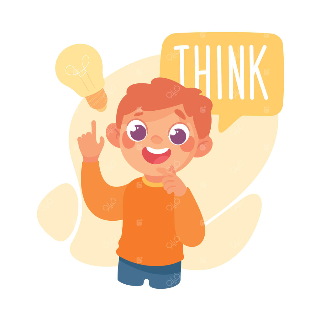 پسر کلمه "فکر کردن" را به عنوان فعل مطالعه می‌کند همراه با نمایش عملی و آزمون واژگان برای کودک کوچک