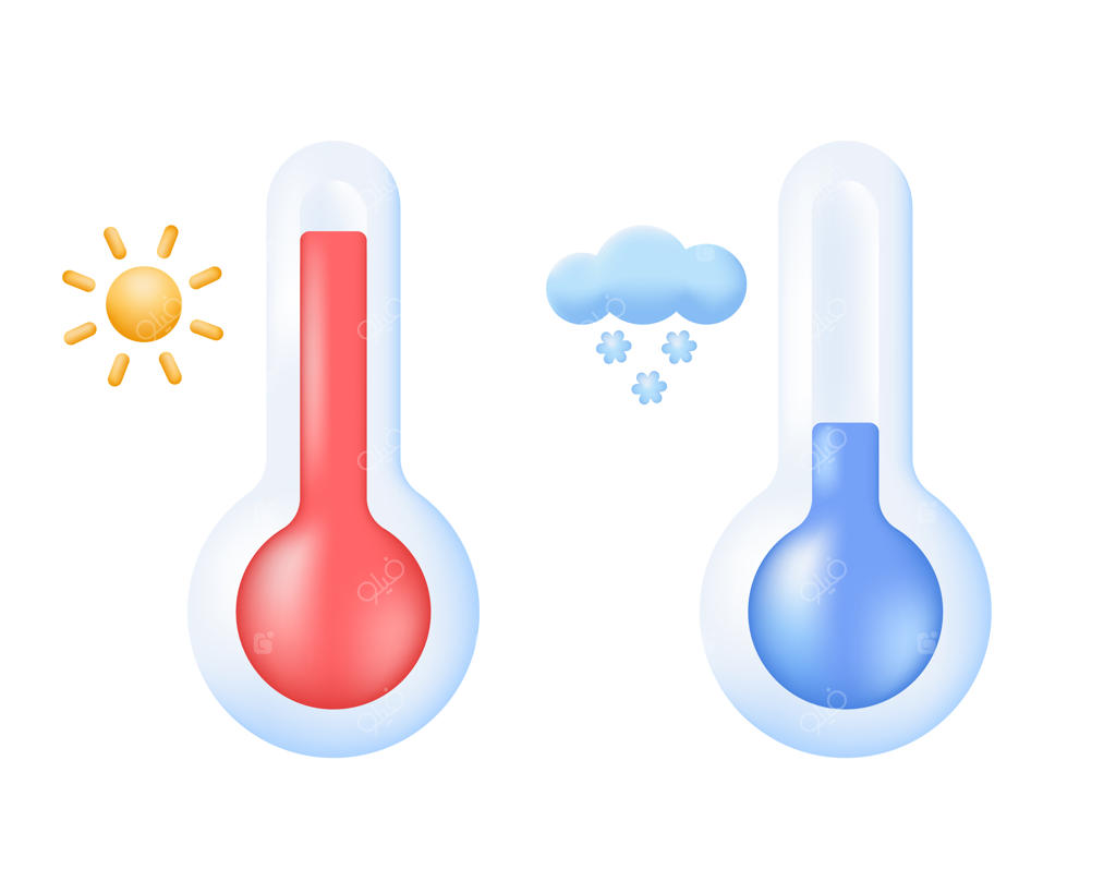 آیکون‌های سه‌بعدی دماسنج: اندازه‌گیری دما، پیش‌بینی گرما و سرما در آب و هوا و اقلیم‌شناسی