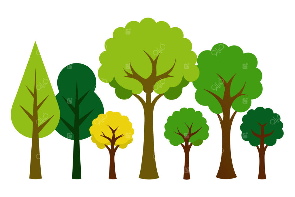 مجموعه‌ای از درختان با رنگ‌های مختلف و کلمه درخت