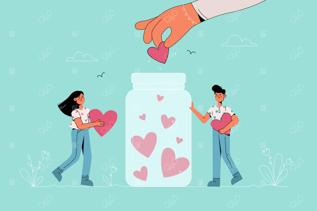 پسر و دختر کارتونی خندان با قلب‌هایی در دستانشان در کنار شیشه اهدایی با نمادهای قلب در کمپین خیریه دست یاری دهنده قرار دارند.