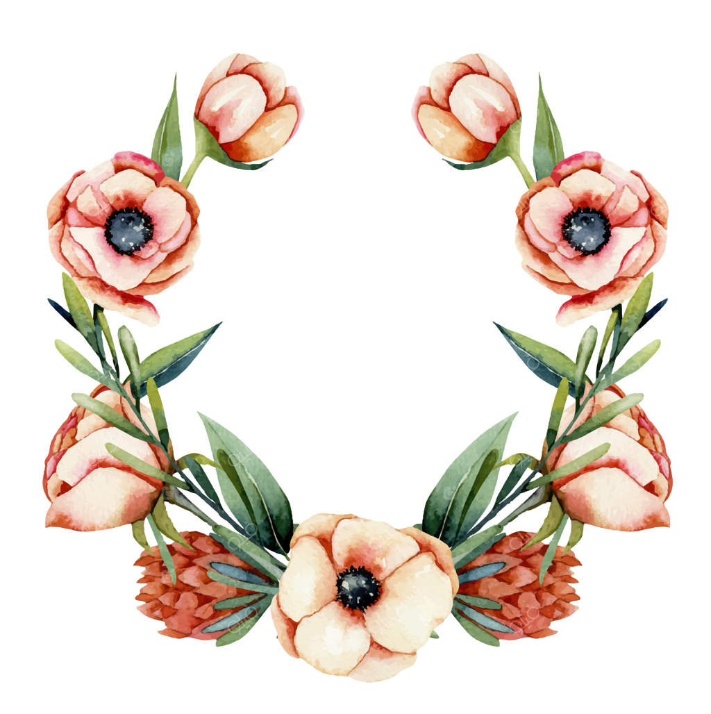 حلقه گل‌های شقایق دریایی و پروتیا به سبک آبرنگ، نقاشی دستی