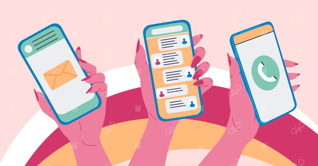 طرح بنر با تصویر زنی در حال نگه‌داشتن گوشی هوشمند و پیام‌ها و تماس‌ها