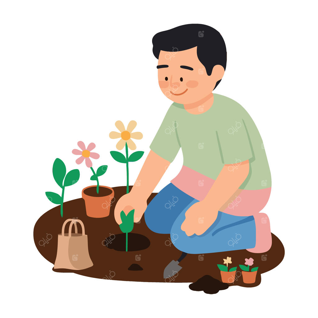 مردی در حال کاشتن گل در باغچه است