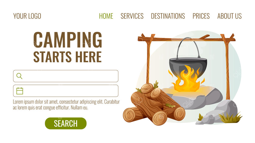 چوب‌های آتش‌نشانی کمپینگ با دیگ چدنی، سنگ‌ها و برگ‌ها - سبک کارتونی وکتور