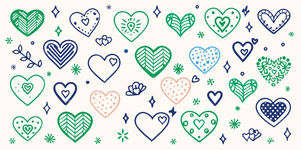 پترن پیوسته قلب‌های رنگارنگ با عناصر عشق دست‌کشیده در سایه‌های سبز، آبی و هلو روی زمینه سفید