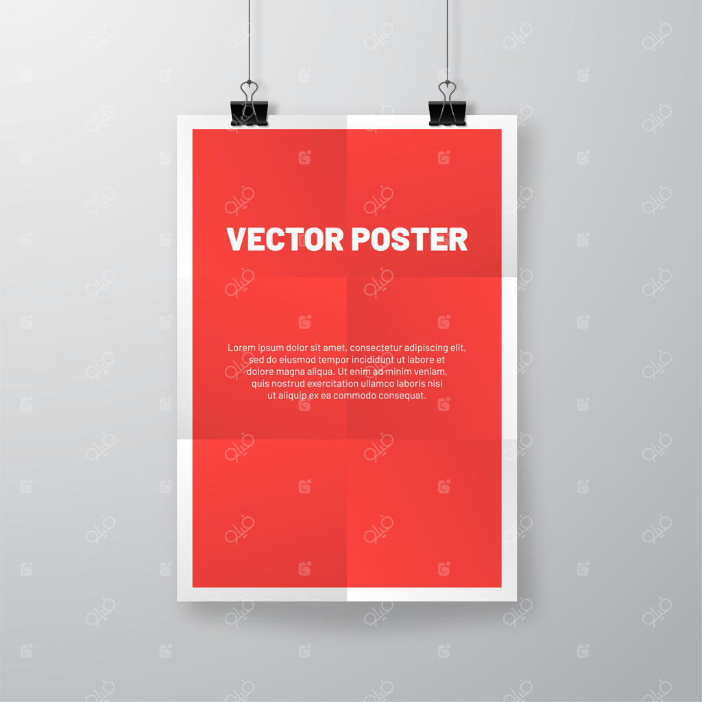 کاغذ مچاله شده با سایه واقعی. پوستر چروکیده آویزان با گیره‌های بولداگ.