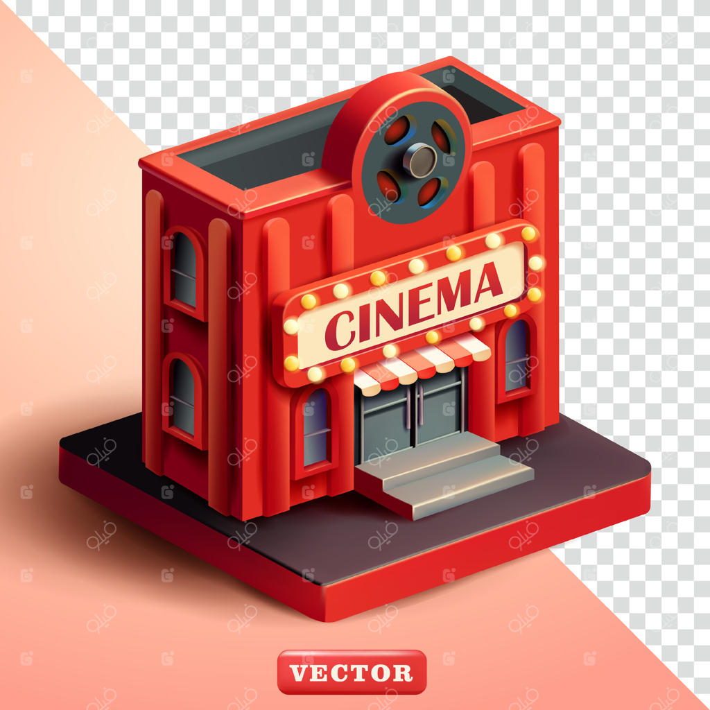 ساختمان سینما به صورت ایزومتریک و سه‌بعدی - مناسب برای عناصر طراحی و کسب‌وکار