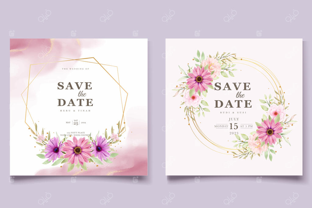 کارت دعوت عروسی با طرح گل داوودی آبرنگی