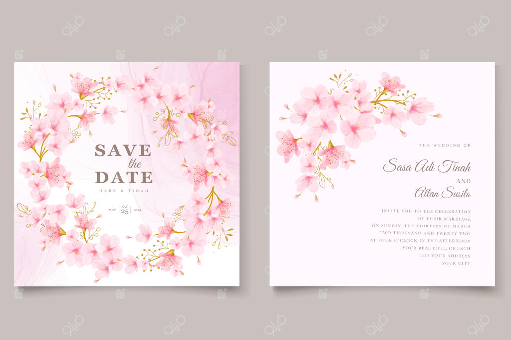 ست کارت آبرنگ شکوفه گیلاس و برگ‌ها