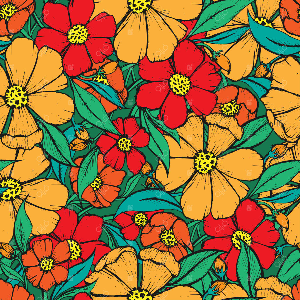 طرح گل‌ رنگارنگ با حاشیه و رنگ‌آمیزی