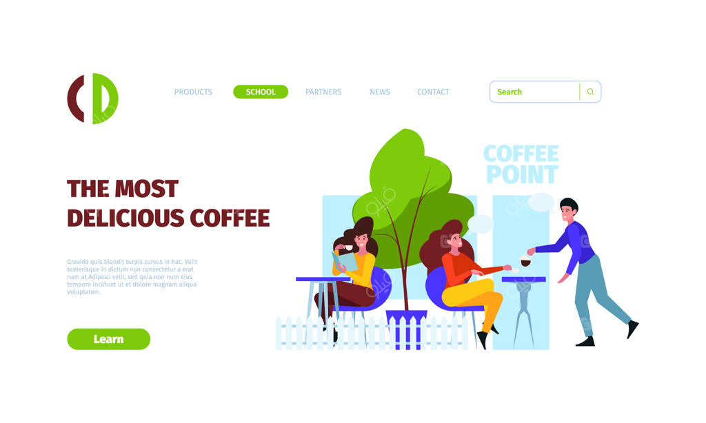 صفحه‌فرود قهوه: صبحانه و زمان استراحت با نوشیدنی‌های گرم صبحگاهی، طرح‌های رنگارنگ نوشیدنی و تصاویر تخت افراد