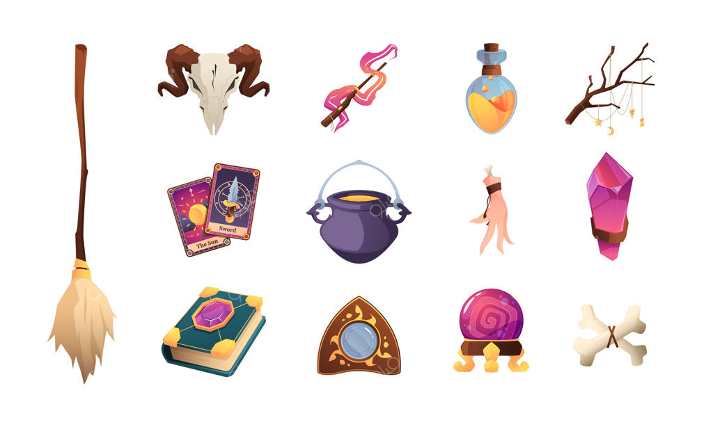 مجموعه عناصر جادویی کارتونی؛ اشیاء مرموز جادوگری، لوازم رنگارنگ، بطری و فلاسک معجون، نمادهای کیمیاگری و علوم غریبه. مجموعه وکتور ایزوله