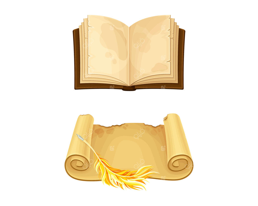 تصویر مجموعه طومار کاغذی قدیمی و کتاب باز شده