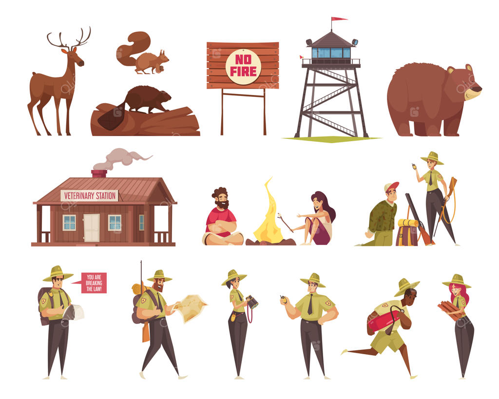 مجموعه‌ای از آیکون‌های کارتونی شامل محیط‌بانان زن و مرد، حیوانات وحشی، شکارچیان و ساختمان کلینیک دامپزشکی به‌صورت وکتور مجزا