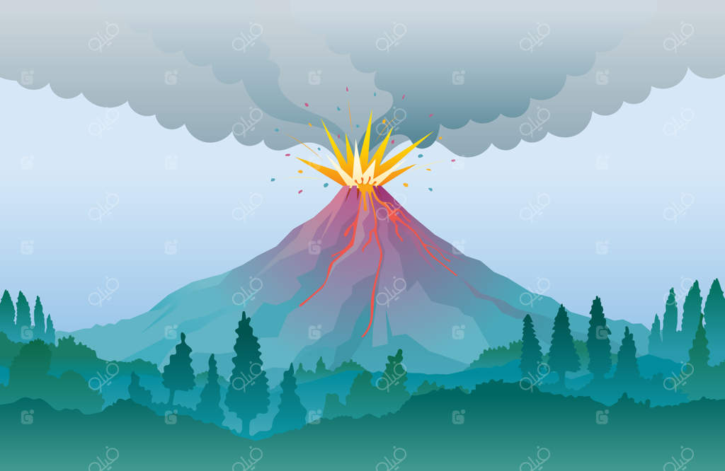 فوران آتشفشان، دود و جریان گدازه در پس‌زمینه