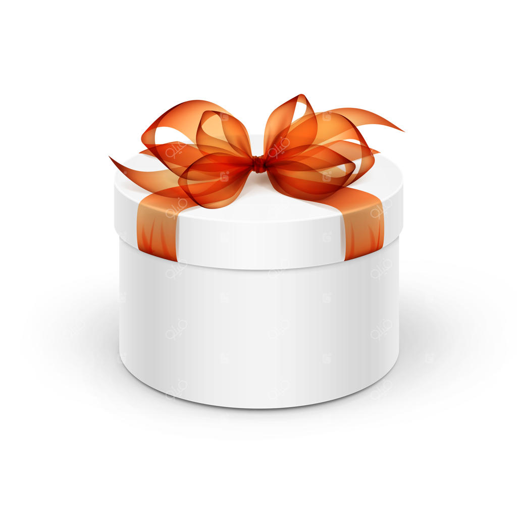 جعبه کادویی گرد سفید با روبان و پاپیون نارنجی روی زمینه