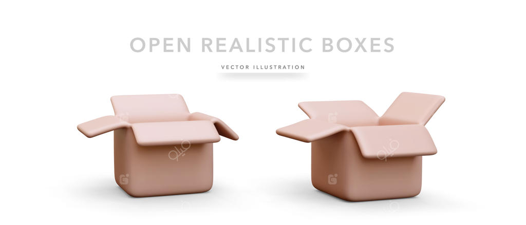 مجموعه‌ای از جعبه‌های سه‌بعدی واقعی با سایه، روی پس‌زمینه سفید، تصویر وکتور