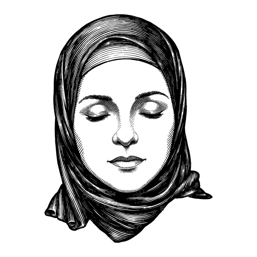 طراحی خطی سیاه و سفید دختر محجبه با چشمان بسته و چهره‌ای آرام به سبک وینتیج