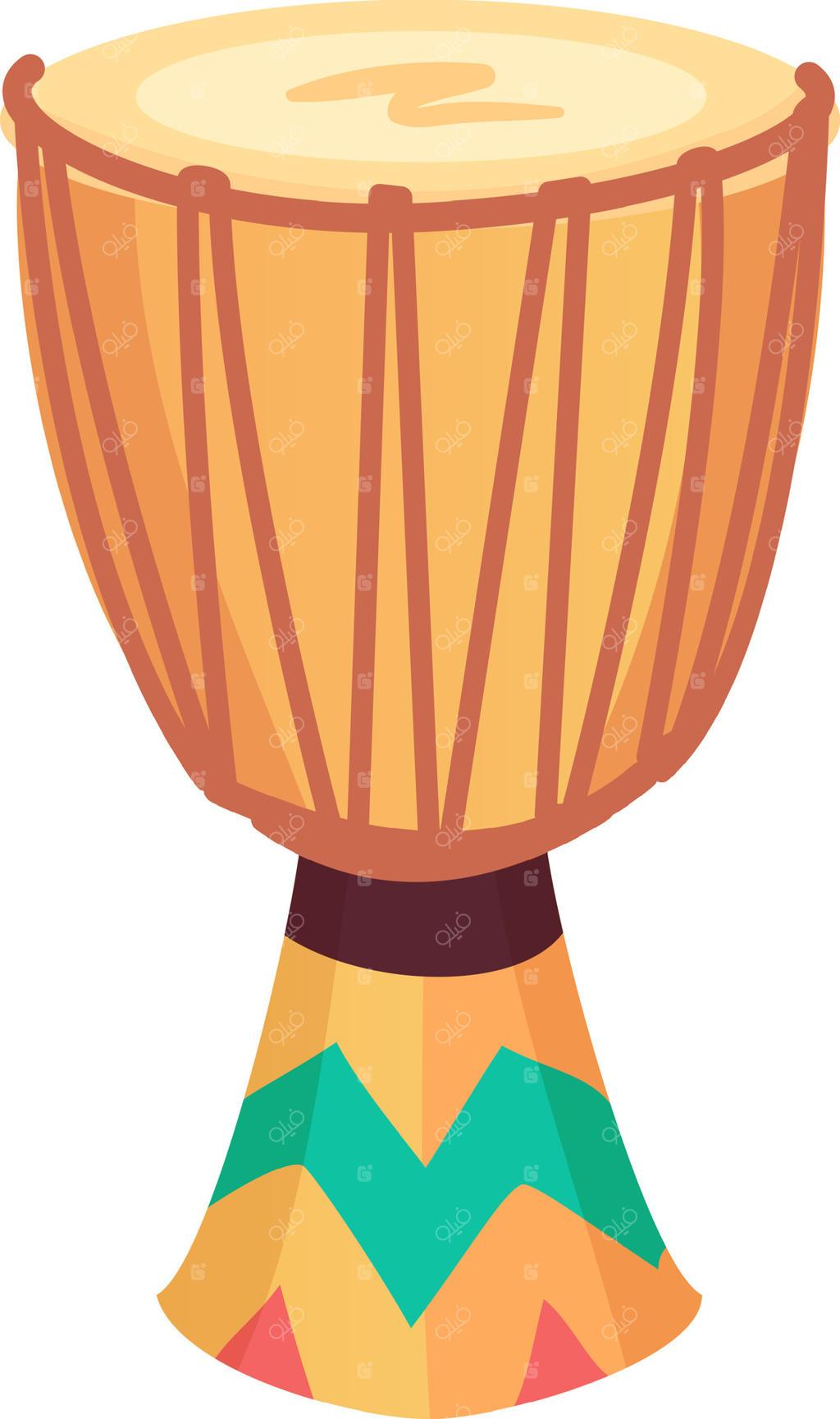 این طبل آفریقایی دست‌ساز از مواد طبیعی ساخته شده و دارای رنگ‌های زنده و طرح‌های پیچیده است. بر روی زمینه سفید ساده زیبایی و هنر دستی آن بیشتر به چشم می‌آید.