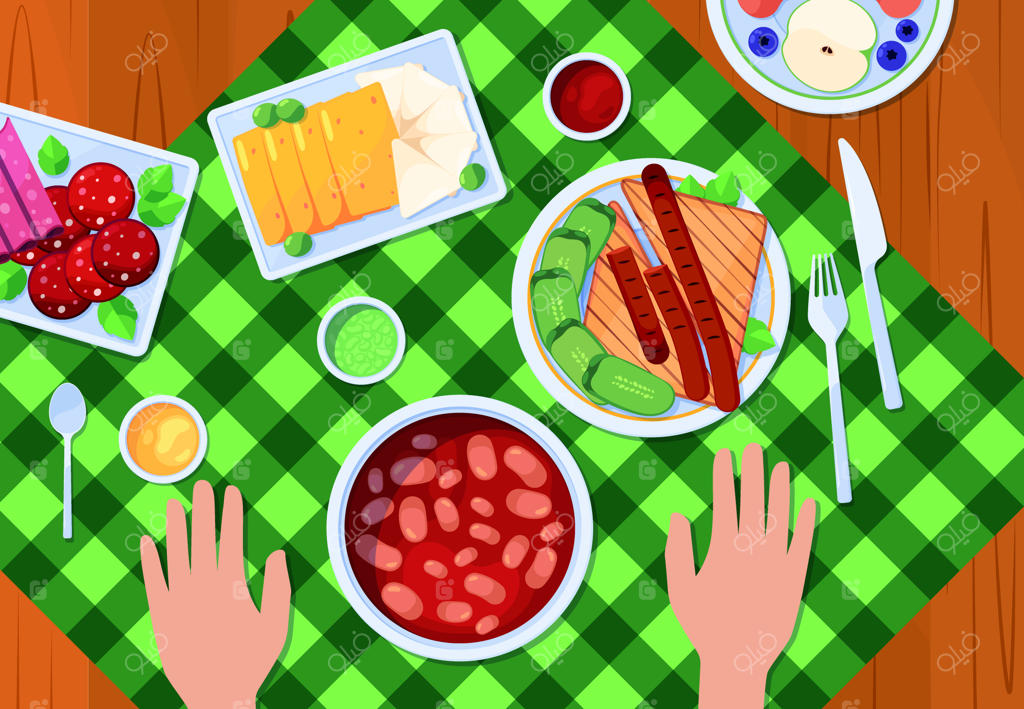 نمای بالا از دست‌های انسان با غذا: صبحانه و غذاهای رستوران، تخم‌مرغ، نوشیدنی‌های داغ، چای با شیر، سبزیجات و میوه‌ها - تصاویر وکتور جذاب و زیبا