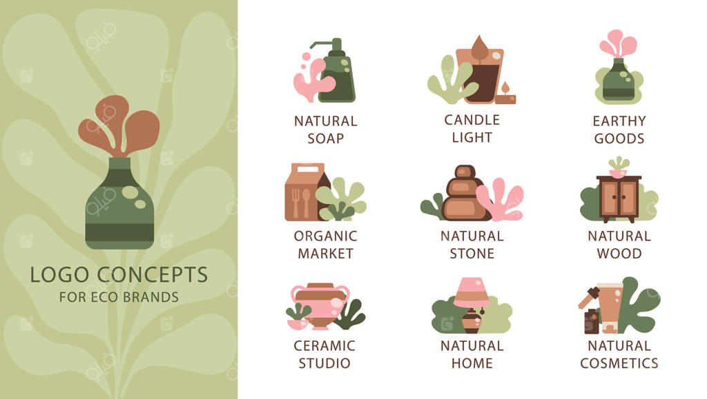کیت لوگوی برند اکولوژیک: آیکون‌های ارگانیک و اشکال انتزاعی برای هویت کسب‌وکار طبیعی و رسانه‌های اجتماعی