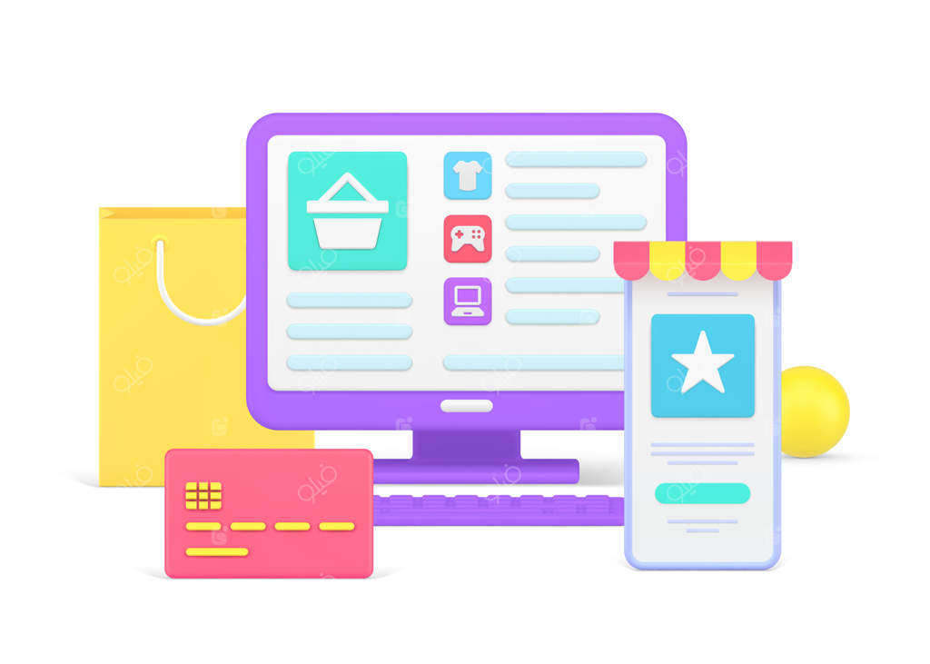 سایت خرید آنلاین با نماد سه‌بعدی مانیتور لپ‌تاپ و گوشی هوشمند برای خرید محصولات و پرداخت