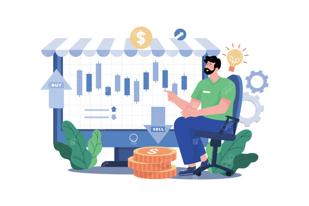 تصویرسازی مفهومی تحلیل بازار سهام توسط سرمایه‌گذار با پس‌زمینه سفید