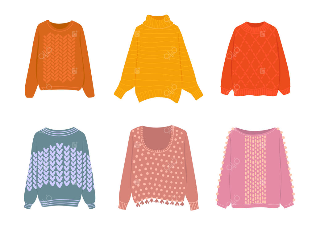 مجموعه وکتور کارتونی و تخت پلیورهای گرم و راحت در طرح‌ها و رنگ‌های متنوع