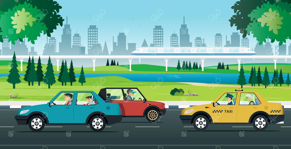 ترافیک شهری و قطار برقی عبوری از پارک