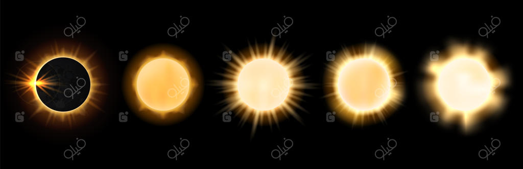 درخشندگی واقعی خورشیدهای مختلف با شدت‌های مختلف نور و فصل کسوف؛ مجموعه وکتور ستاره‌های بزرگ و نورهای طبیعی کیهان