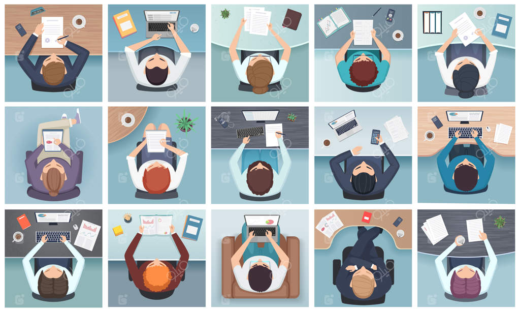 نمای بالا از افراد: شخصیت‌های تجاری که دور میز نشسته‌اند، یادداشت‌ها، اسناد و لوازم اداری کارتونی