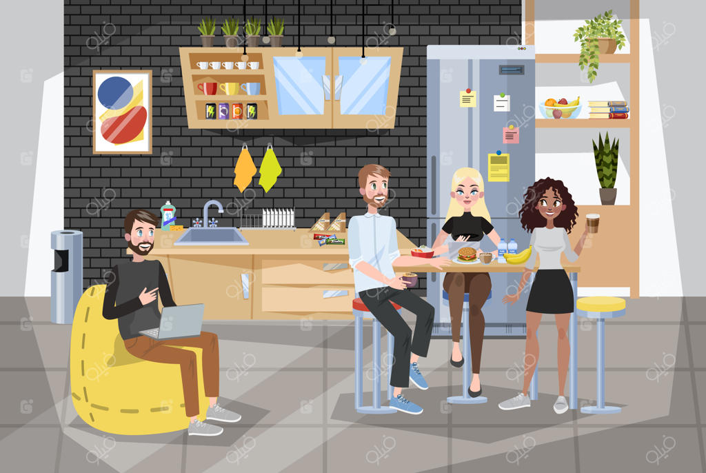 کارمند اداری در حال ناهار در بوفه؛ وقت استراحت و قهوه