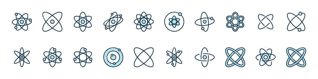 مجموعه آیکون‌های رنگی از اتم یا ترکیب شیمیایی. پیکتوگرام خطی و مینیمالیستی برای طراحی وب و گرافیک، اپلیکیشن‌ها، بنرها، شبکه‌های اجتماعی و کارت‌ها