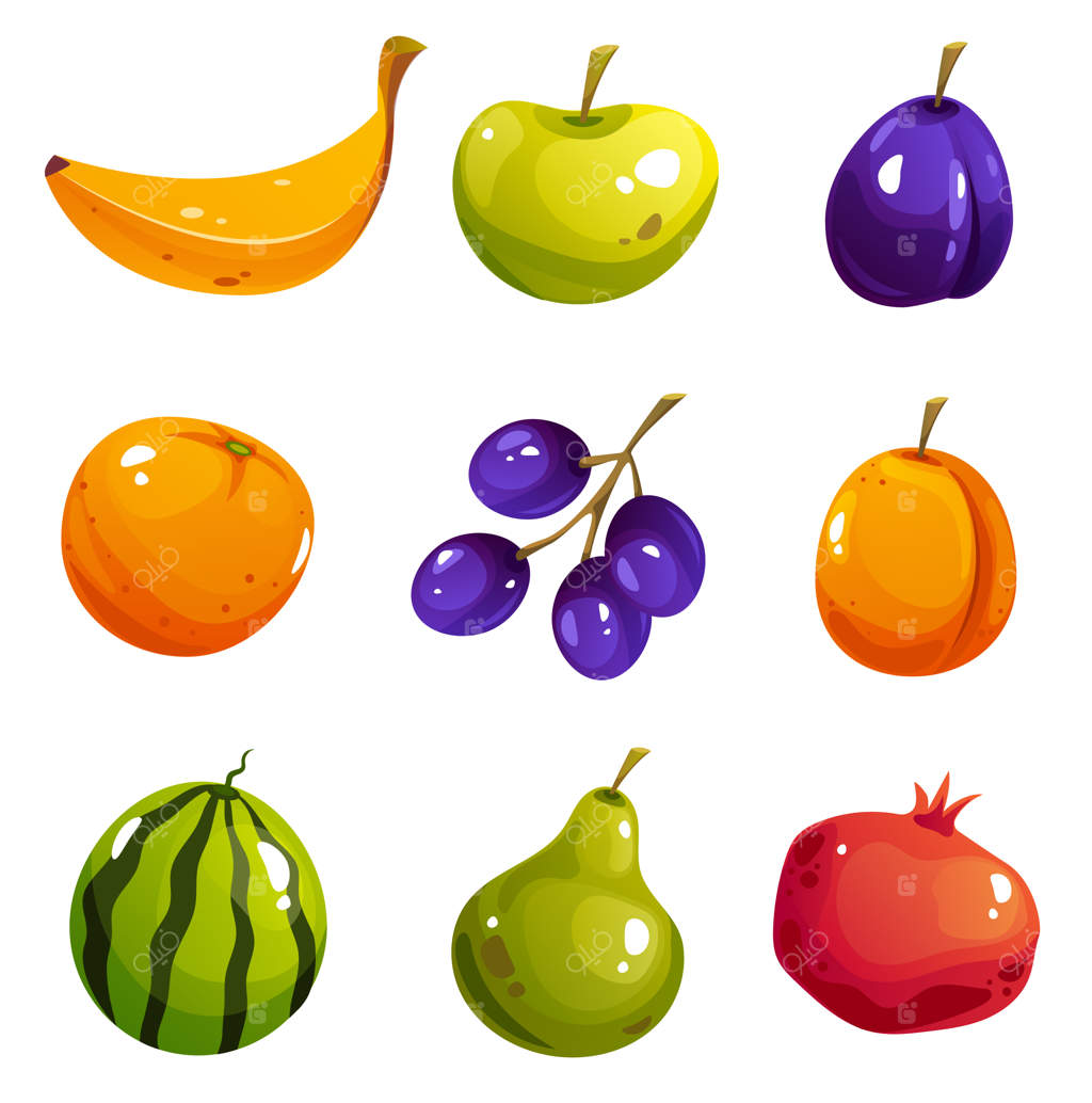 مجموعه‌ای از میوه‌های آبدار با طراحی کارتونی تخت