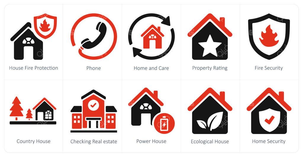 مجموعه ۱۰ آیکون املاک و مستغلات شامل محافظت در برابر آتش، تلفن، خانه و مراقبت