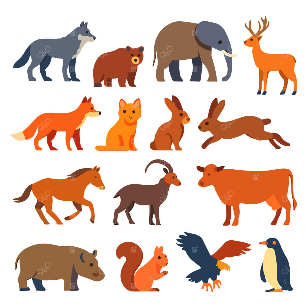 بسته وکتور حیوانات کارتونی و کاراکترهای رنگارنگ حیوانات