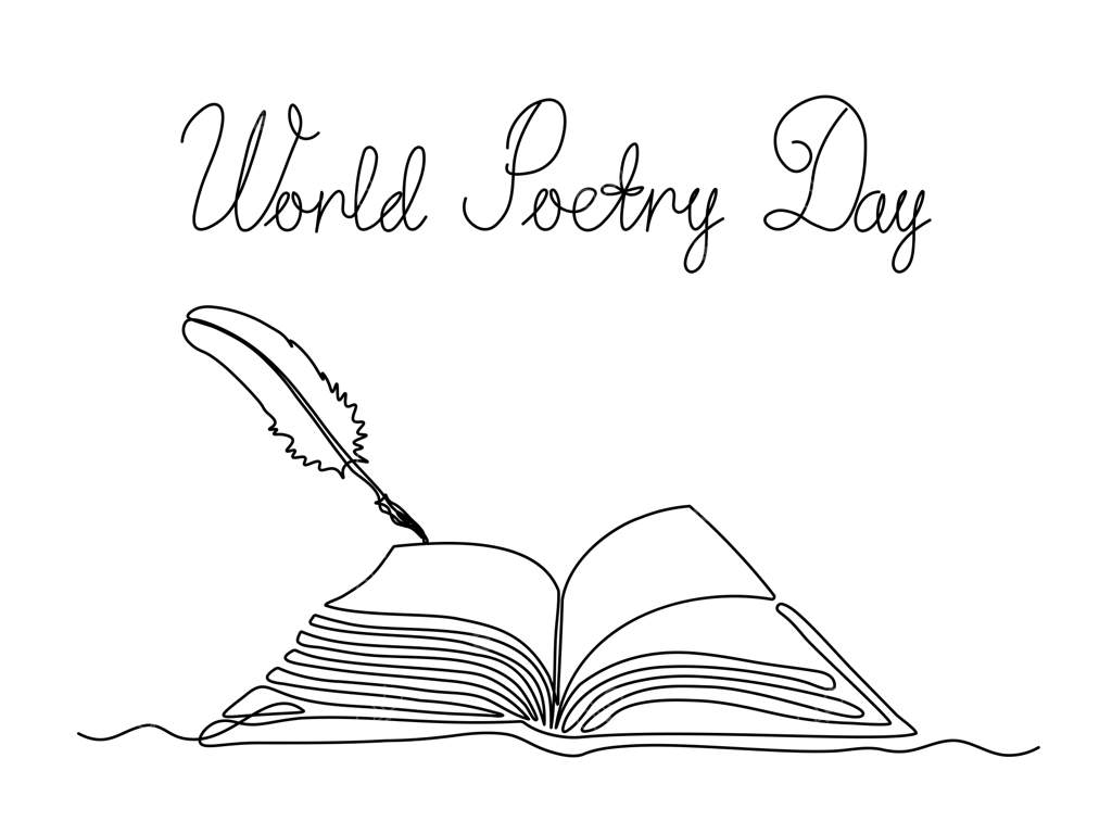 روز جهانی شعر: لوگوی طراحی پیوسته دست، قلم عتیقه و کتاب باز