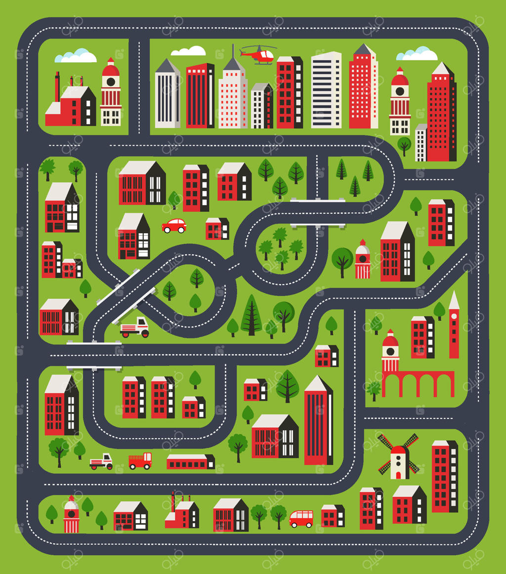 الگویی از یک بازی برای چاپ: نمای بالای شهر با خیابان‌ها، خانه‌ها، پشت‌بام‌ها و درختان شهری.